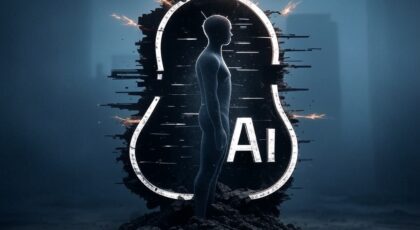 Sketch of a human silhouette rising from a broken AI logo, with 7 sparks hinting at why hype fails, in a gritty style.